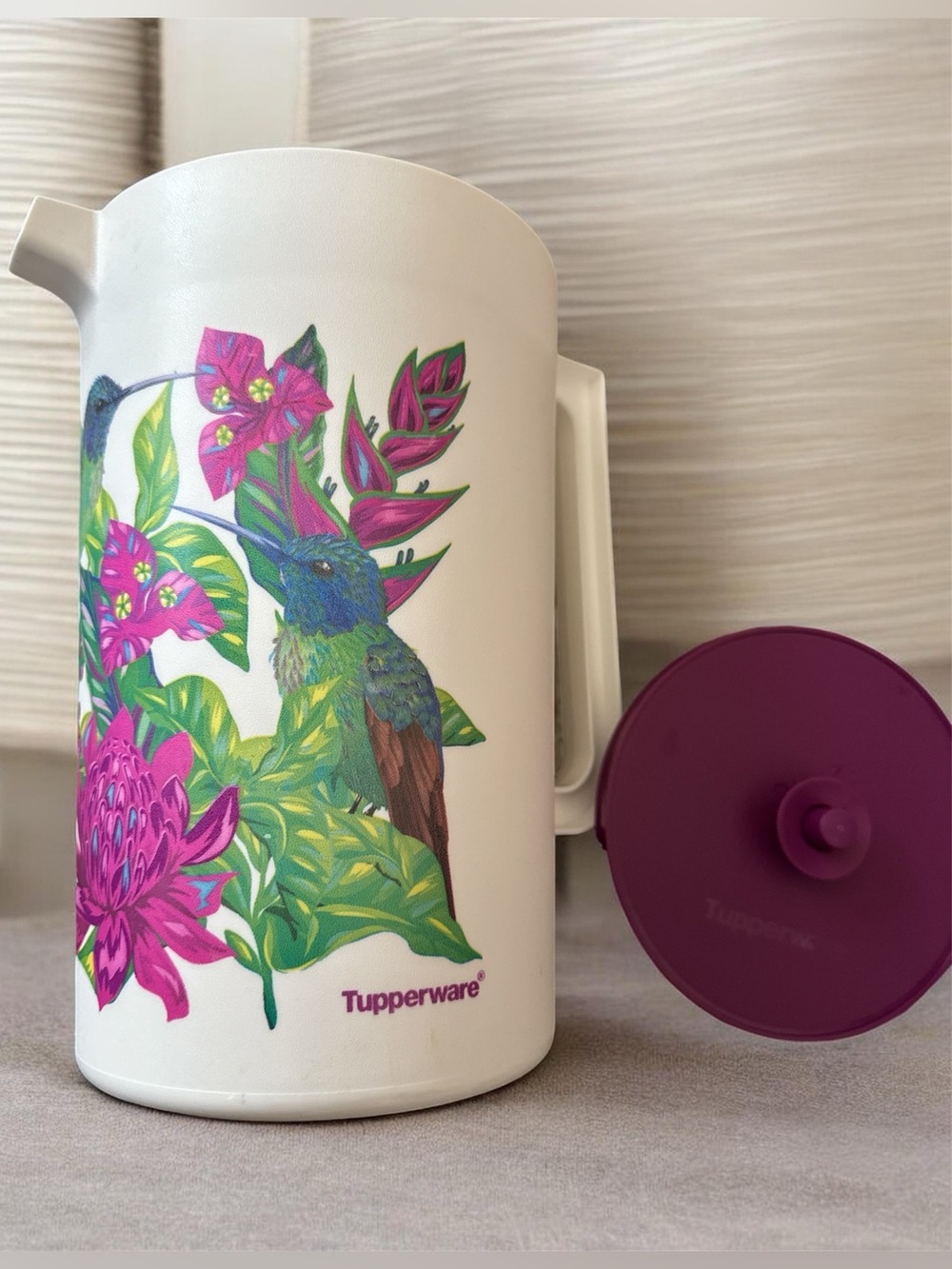 1 Gallon Tupperware White Pitcher with Pink Floral & Green Hummingbird Design